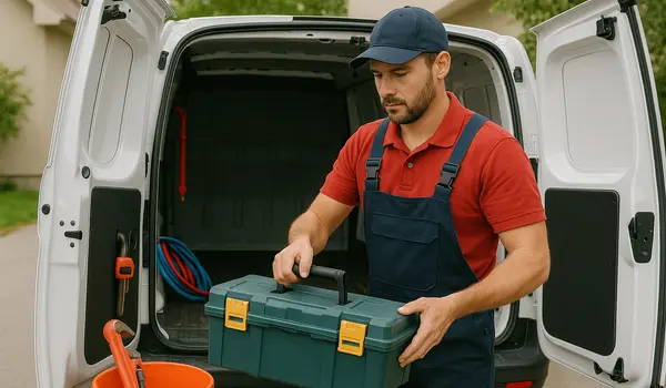 a plumbing technician putting his toolbox back in his van from Emergency Plumber Kyle in Kyle, TX - Commercial Plumbing Services a plumbing technician putting his toolbox back in his van from Emergency Plumber Kyle in Kyle, TX - Commercial Plumbing Services