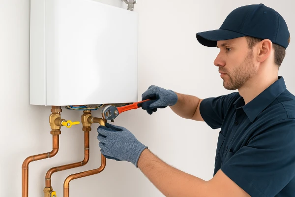 a plumber working on a tankless water heater from Emergency Plumber Kyle in Kyle, TX - Commercial Plumbing Services a plumber working on a tankless water heater from Emergency Plumber Kyle in Kyle, TX - Commercial Plumbing Services