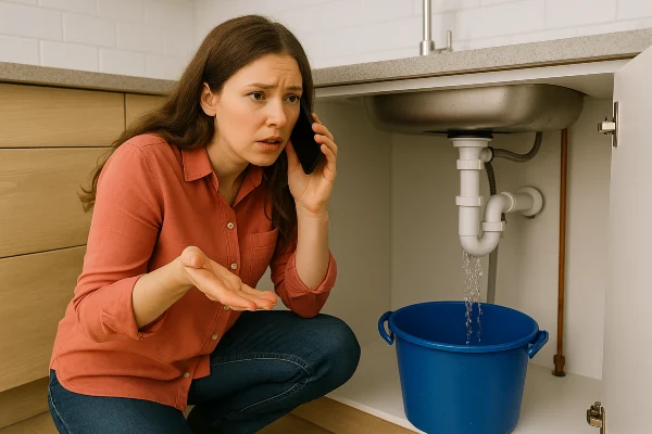 a woman on the phone about a water leak underneath her kitchen sink from Emergency Plumber Kyle in Kyle, TX - Commercial Plumbing Services a woman on the phone about a water leak underneath her kitchen sink from Emergency Plumber Kyle in Kyle, TX - Commercial Plumbing Services