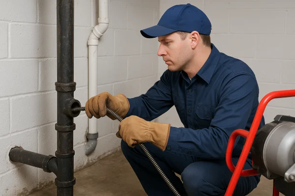 a plumber using a snake to clear a plumbing pipe from Emergency Plumber Kyle in Kyle, TX - Commercial Plumbing Services a plumber using a snake to clear a plumbing pipe from Emergency Plumber Kyle in Kyle, TX - Commercial Plumbing Services