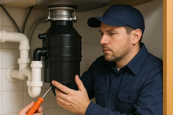 a technician working on a garbage disposal from Emergency Plumber Kyle in Kyle, TX - Residential Plumbing Services a technician working on a garbage disposal from Emergency Plumber Kyle in Kyle, TX - Residential Plumbing Services