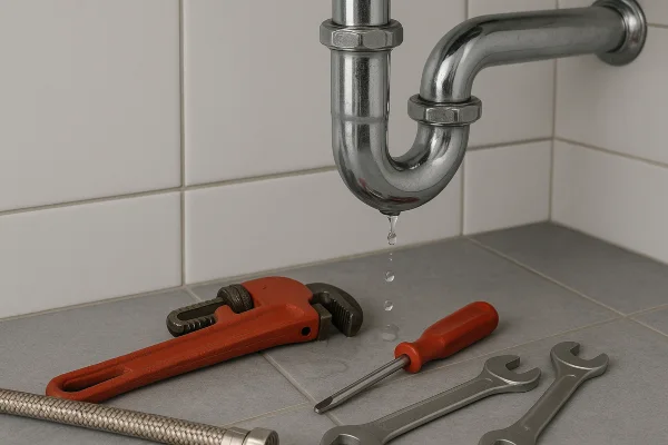 a sink water leak and plumbing tools on the floor from Emergency Plumber Kyle in Kyle, TX - Residential Plumbing Services a sink water leak and plumbing tools on the floor from Emergency Plumber Kyle in Kyle, TX - Residential Plumbing Services