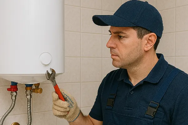 a male plumber working on a water heater mounted on the wall from Emergency Plumber Kyle in Kyle, TX - Toilet Replacement